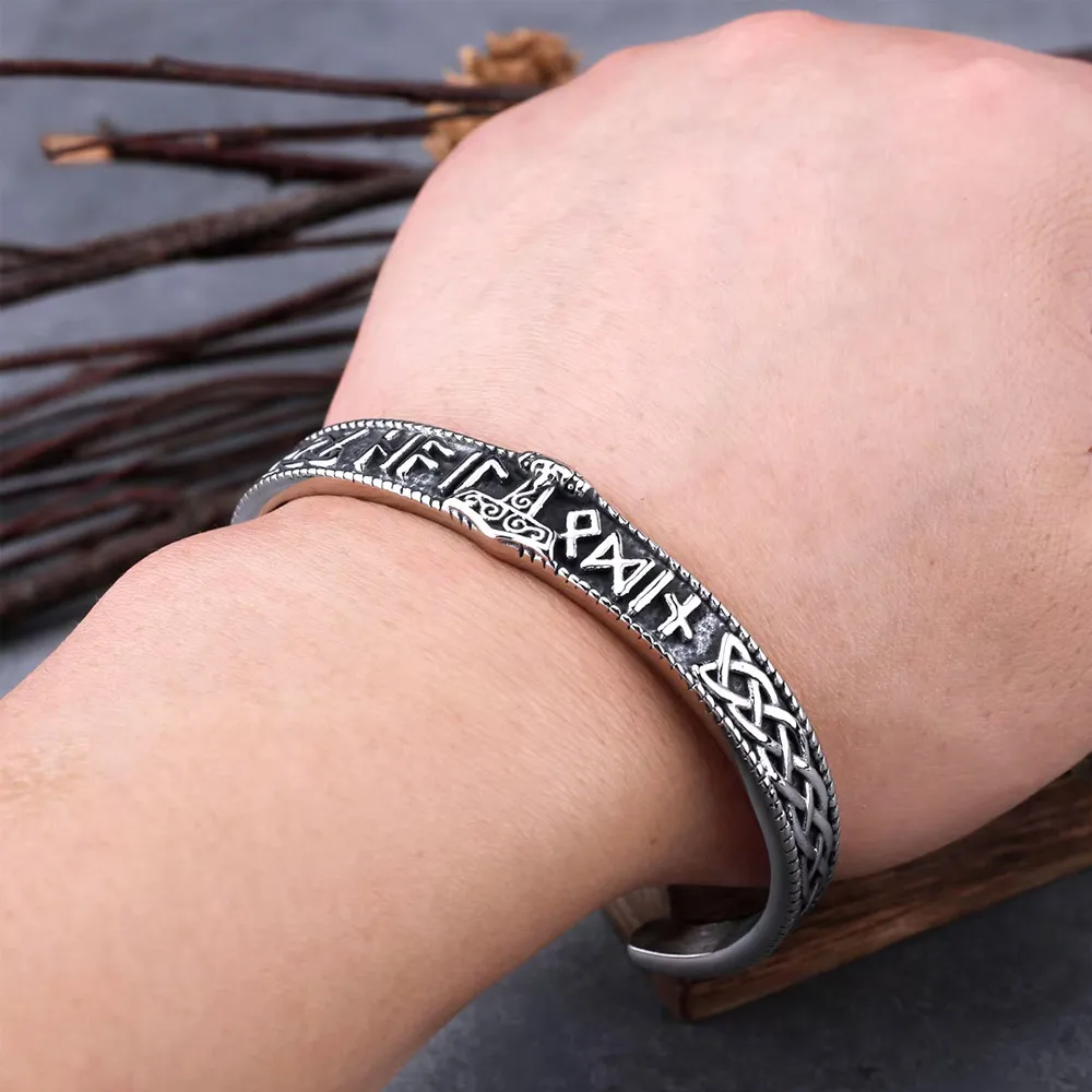 Wikinger-Runen-Armreif aus Edelstahl mit Nordischem Valknut-Keltischem Knoten, Statement-Armband für Männer, Modeschmuck Geschenk – Detail 2