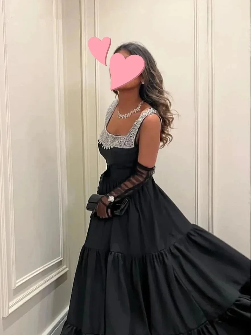 Vintage Black satin Beading A-Line Square Collar Customized Formal Occasion Prom Dress Evening Party Gowns For Women