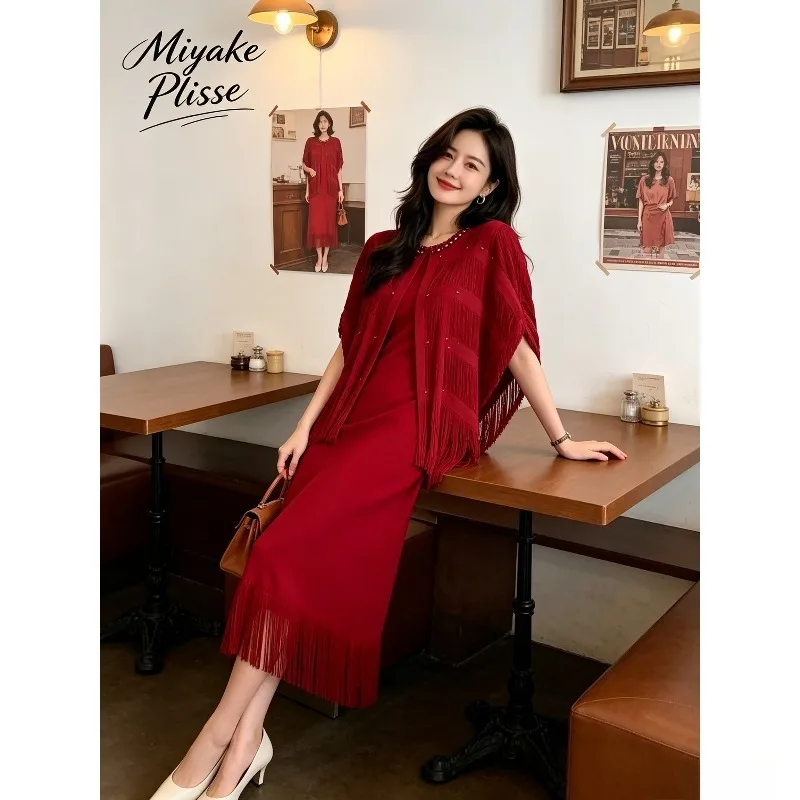 Miyake Pleated 2026 Autumn Spring New Tassel Suit Slim Fit Fashion Pleated Jacket Dress High-end Casual Elegant Two-piece Set