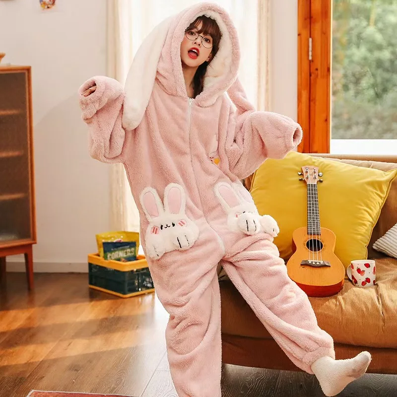 

Three Colors Zipper Design Animal Cartoon Onesies Adult One-Piece Pajamas Warm Soft Sleepwear Thicken Nightgown