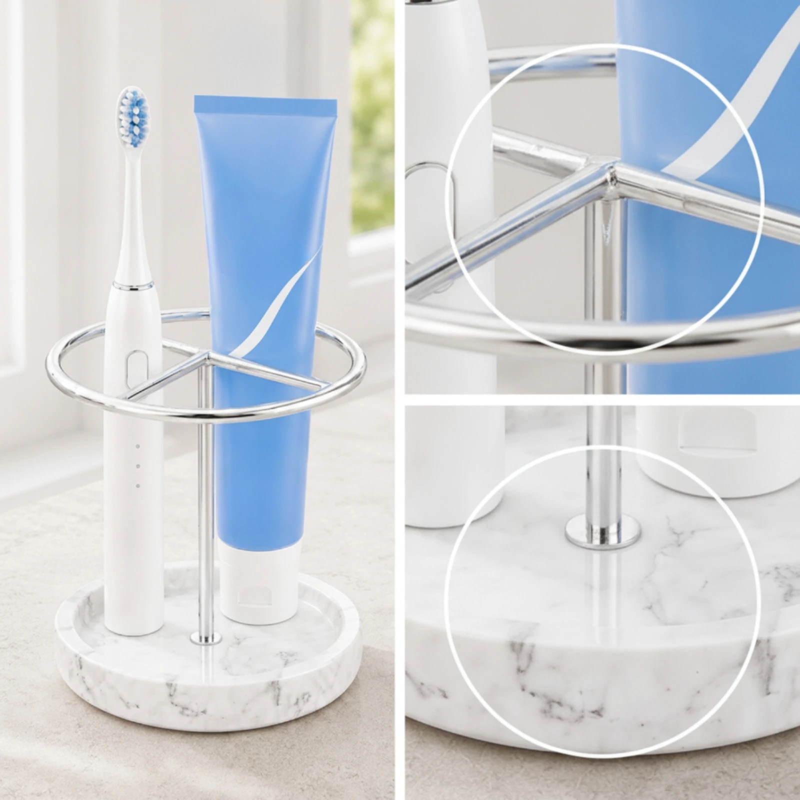 Toothbrush and Toothpaste Holder Stainless Steel Toothbrush Holder with Resin Base Countertop Organizer Marble-Like Space-Saving