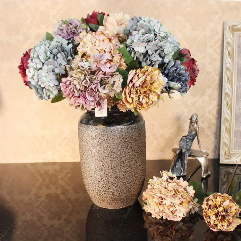 

Peony Hydrangea Artificial Fake Flower Decoration Living Room Dining Table Wedding Bouquet Holder TV Cabinet Ornamental Flower