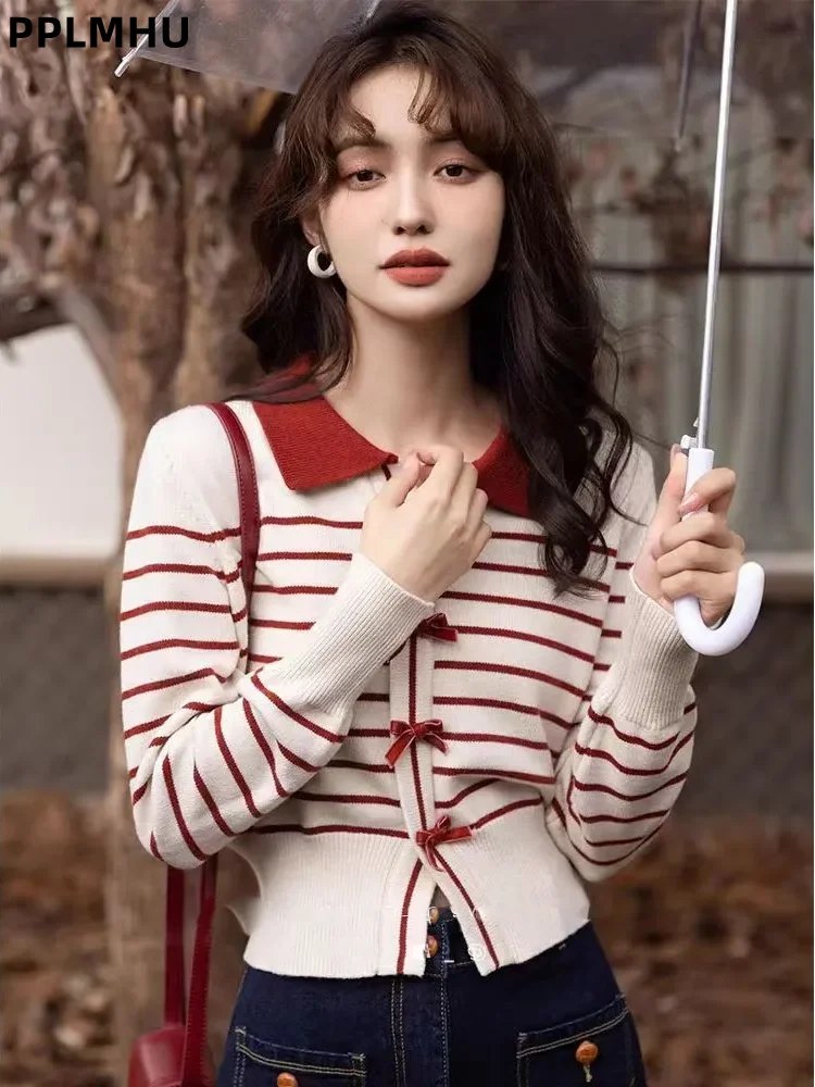 

Striped Bow Cardigan Women's Casual Slim Lapel Knitted Sweater Gilet Contrasting Color Short Long Sleeved Knitwear Sueter