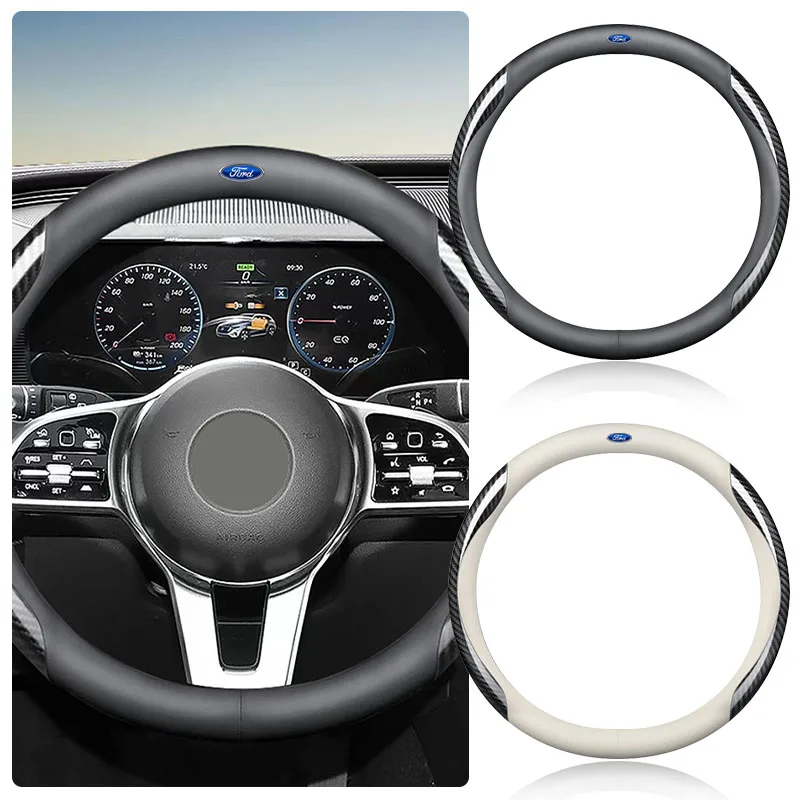 

Leather Carbon Fiber Car Steering Wheel Cover Car Accessories sticker For Ford Fiesta EcoSport Ranger Mondeo Mustang FOCUS 2 3 4