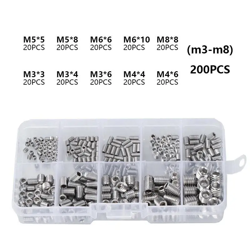 

200pcs Stainless Steel Hex Socket Screw Set M3/M4/M5/M6/M8 Grub Screws With Cone Point & Tapered End Durable Fasteners