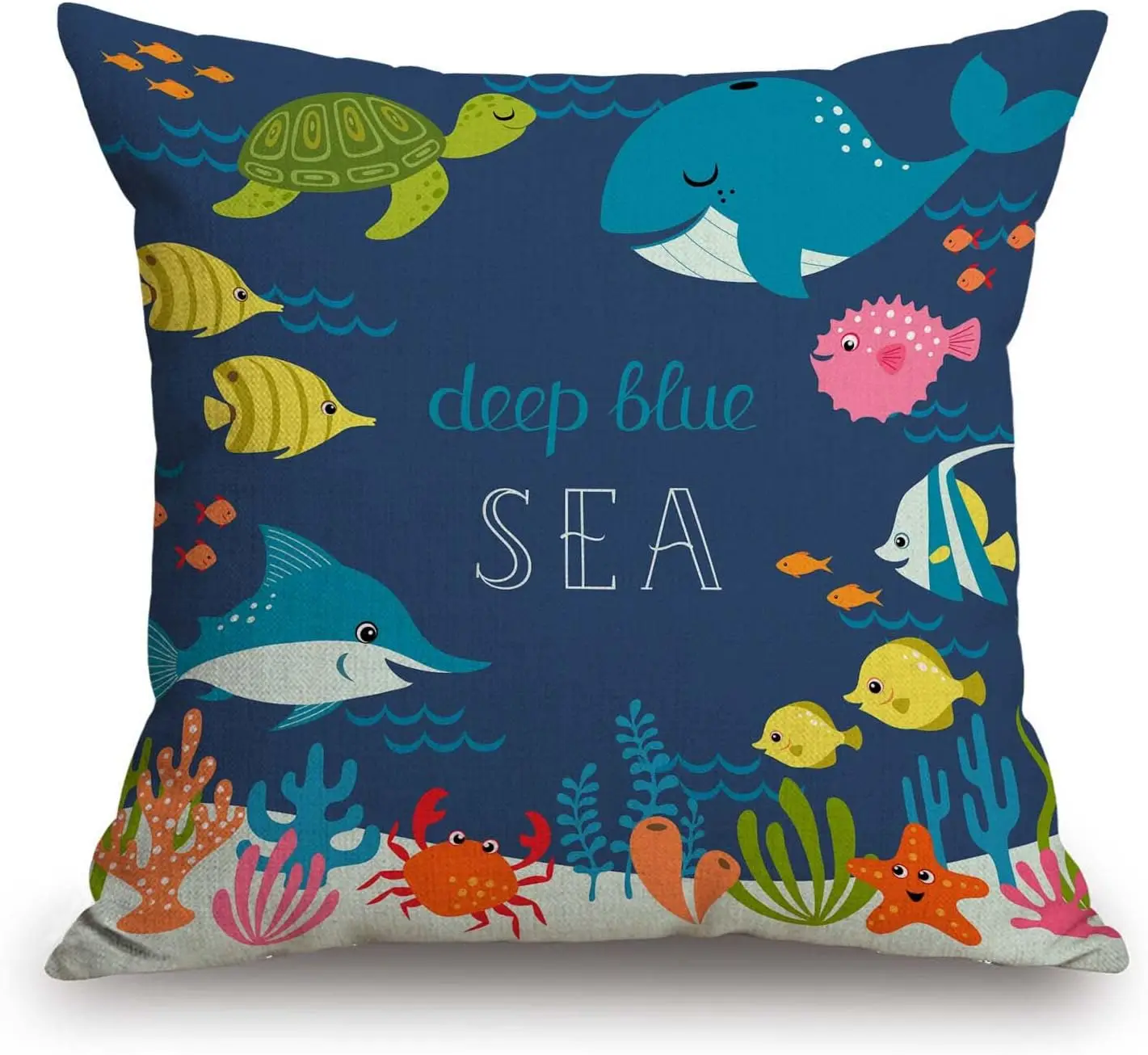 Deep Blue Sea Pillowcase Cute Cartoon Marine Life Cushion Cover Kids Ocean Animal Decor Navy Whale Turtle Sofa Throw Pillow Gift