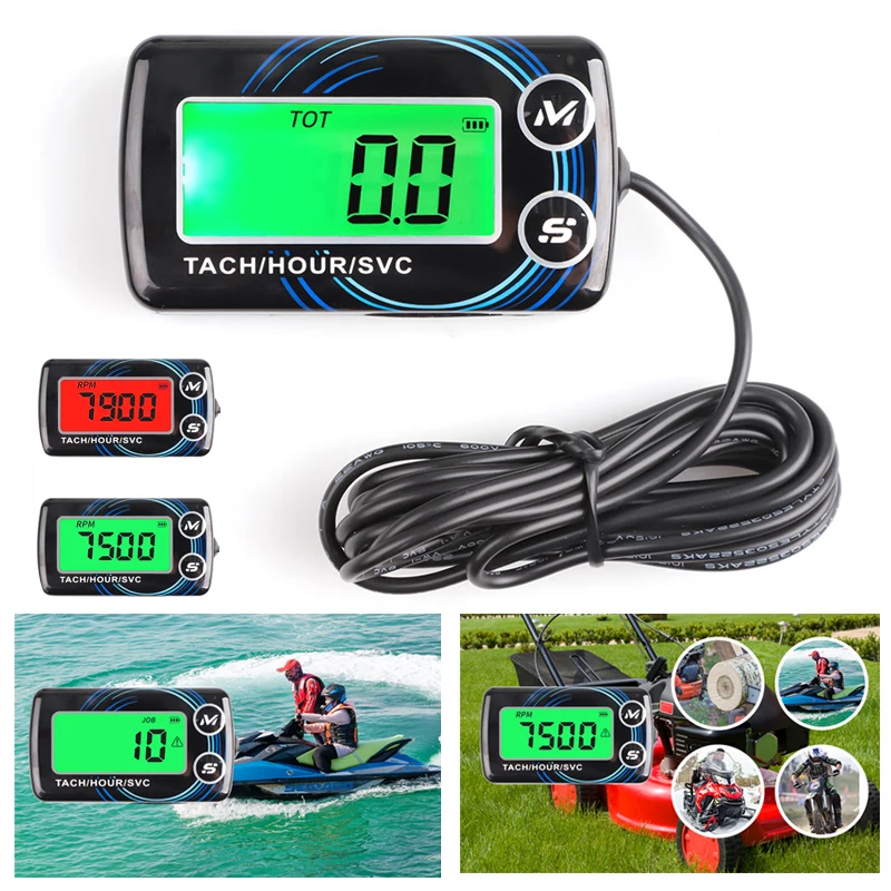 Digitaler Motorbetriebsstundenzähler Induktiver Drehzahlmesser RPM-Motorstundenzähler mit Hintergrundbeleuchtung Rücksetzbarer Tacho für Motorräder und Rasenmäher
