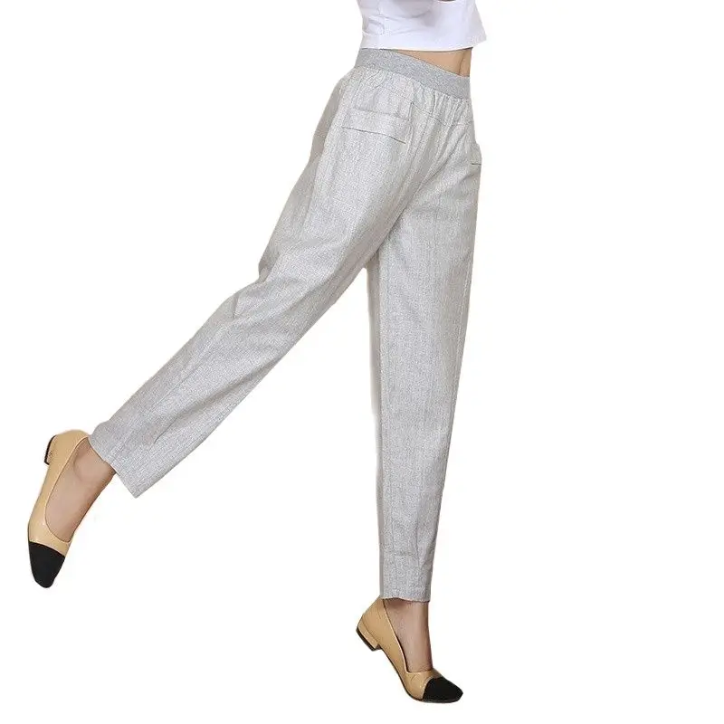 Pantalones bombachos de lino para mujer de mediana edad, calzas informales holgadas con cintura elástica y bolsillos que combinan con todo, 4XL, verano 2023