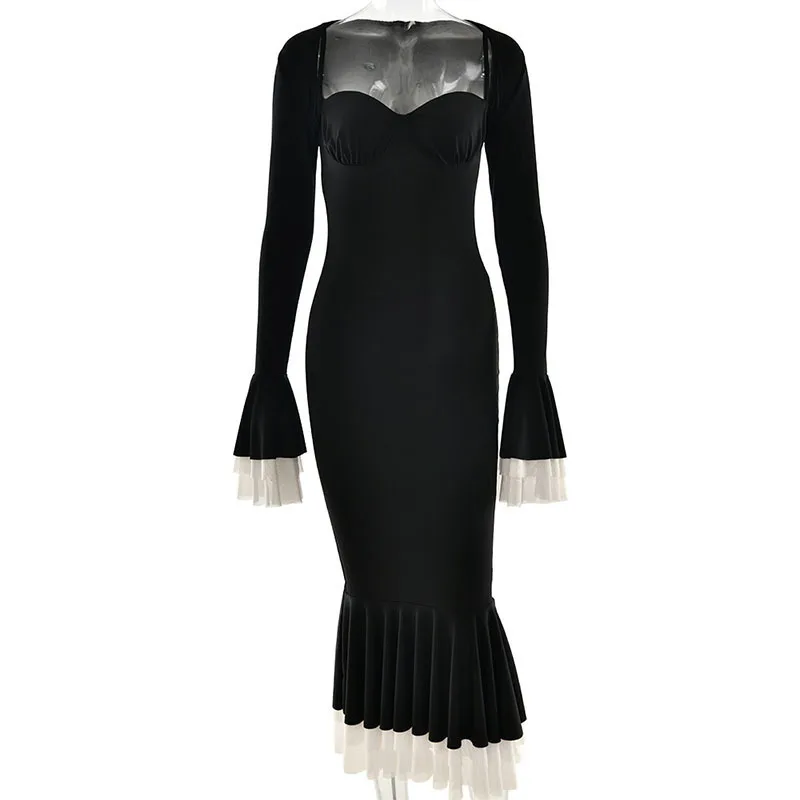 Apprabant Mesh Splicing Pleated Dress Flare Long Sleeved Short Shawl Sleeveless Suspender Strapless Slim And Sexy Fishtail Dress