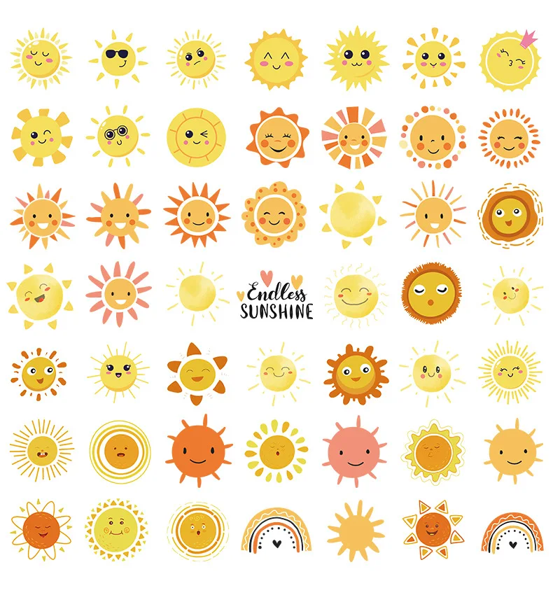 50/100 Pcs Yellow Cartoon Sun with Face Stickers DIY Fun Game for Suitcase Guitar Scooter Phone Case Stationery Box Decals