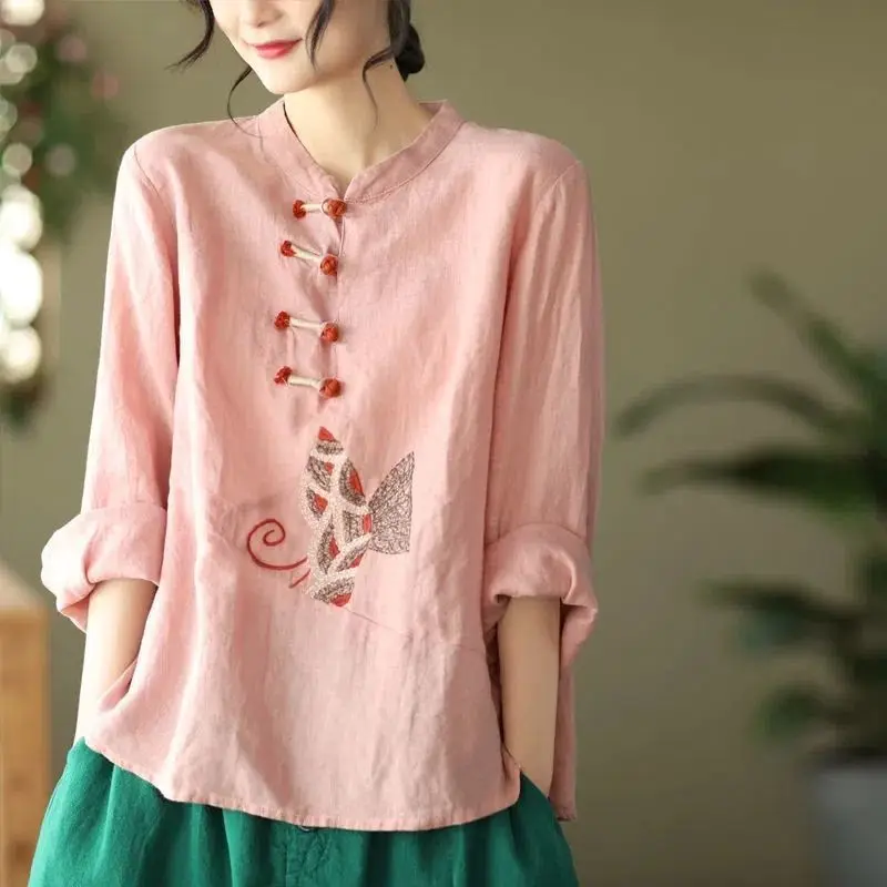 Spring New Cotton Hemp V-neck Long Sleeve Shirt 2023 Women Chinese Style Single Breasted Vintage Elegant Embroidered Pullovers