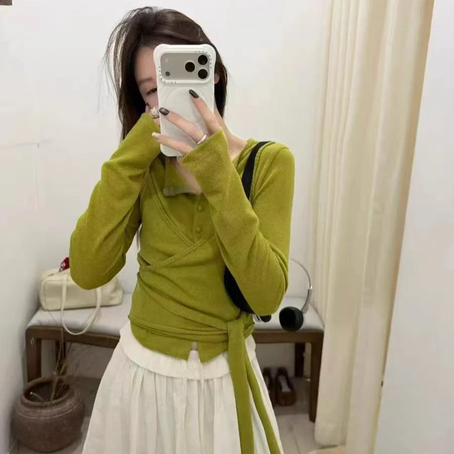 

Весенний комплект 2026: однотонный кардиган с круглым вырезом на одной пуговице и брюки, повседневный спортивный костюм с завязками в стиле Dongda Gate