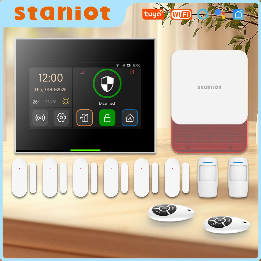 Staniot WiFi 433Mhz Hausalarmsystem Fenster-Tür-Sensor Smart Home Kit Drahtlose Innensirene Fernbedienung Sicherheitssystem