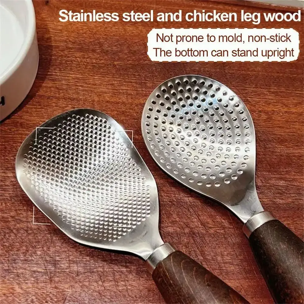 1Pcs Stainless Steel Rice Spoon Zebrawood Wooden Handle Nonstick Rice Spatula Anti-scalding Standable Rice Scooper