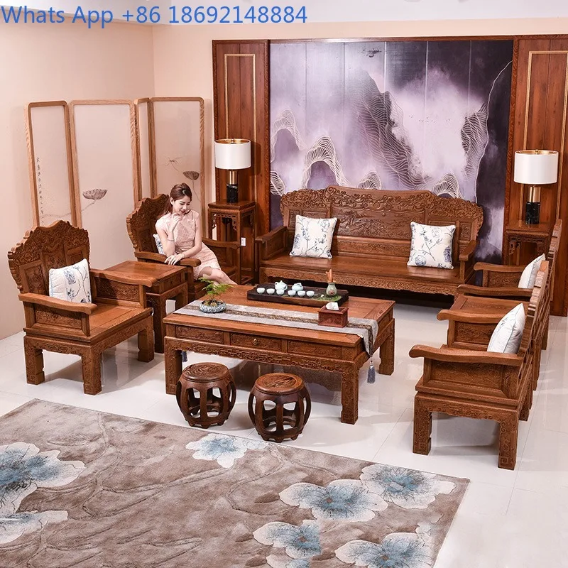 Mahogany Furniture Chicken Wing Wood Three-Seater Large Sofa Set Lazy Sofa Living Room Sofa Chair Combination