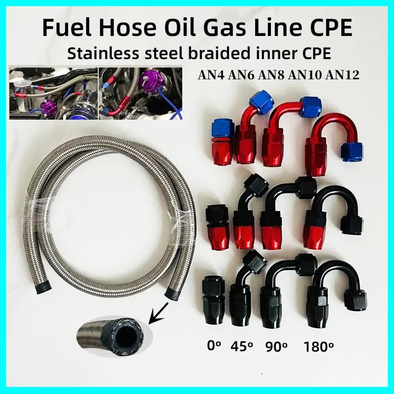 

Stainless Steel Braided CPE Fuel Line Hose Oil Gas Cooler Hose Engine Air Line Tube 0/45/90/180 Degree Hose Adapter Fitting kit