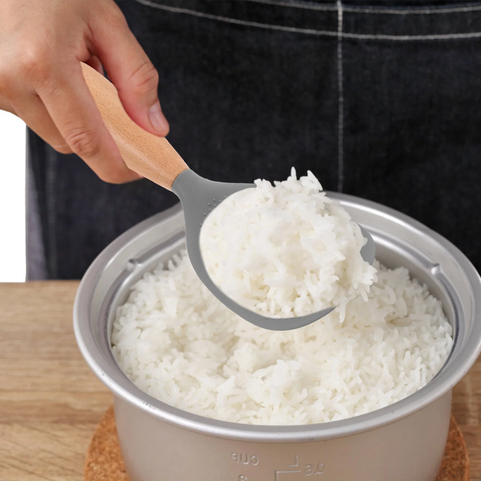 

1pc Rice Spoon Non Stick Silicone Wood Handle Standing Design For Rice Cooker Serving Stirring Mixing Kitchen Utensil Paddle