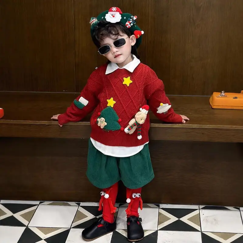 Kawaii نمط جديد أزياء عيد الميلاد سترة للجنسين طالب الخريف والشتاء الكرتون عارضة تريكو قمم ملابس الأطفال #1