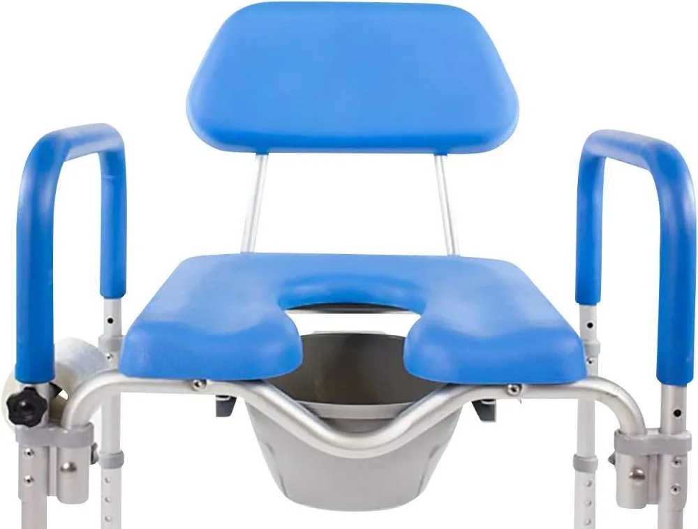 Ultra-Premium Padded Commode Shower Chair, 3-in-1 Raised Toilet Seat with Armrests, Adjustable Height, Includes Pail, Blue