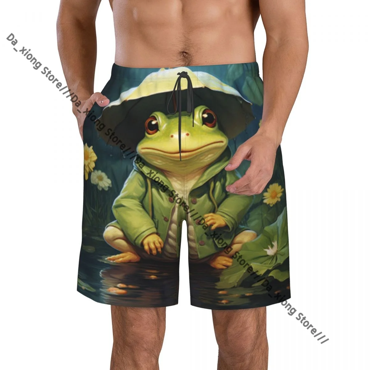 Men Beach Short Quick-drying Swimming Trunk Cartoon Frog In The Rain Swimwear Swimsuit Bathing Shorts