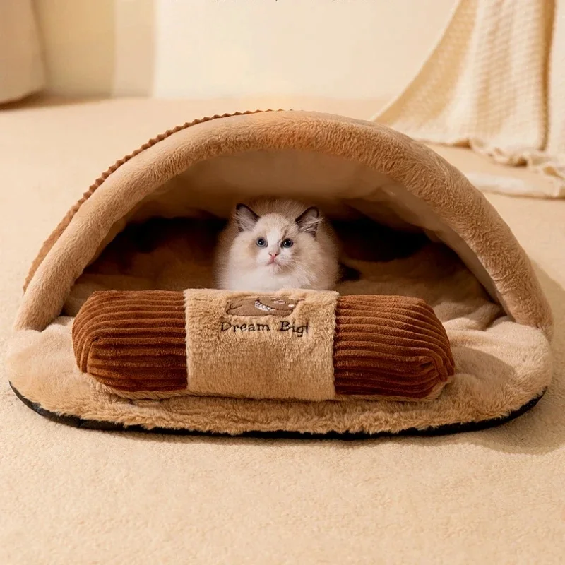 Imagem -02 - Bolsa de Dormir Quente Removível para Animais Cama de Gato Casa de Cachorro Almofada com Travesseiro Meio Fechado Inverno Novo Estilo