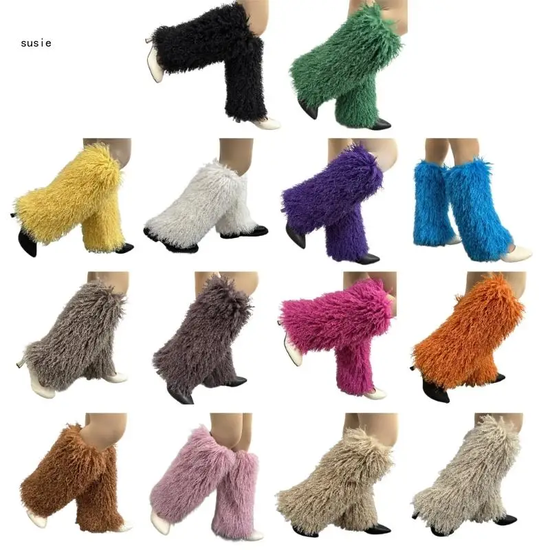 

X7YA Women Vintage Furry Leg Warmer Winter Warm Harajuku Solid Color Fuzzy Plush Shoes Cuffs Cover Socks Streetwear