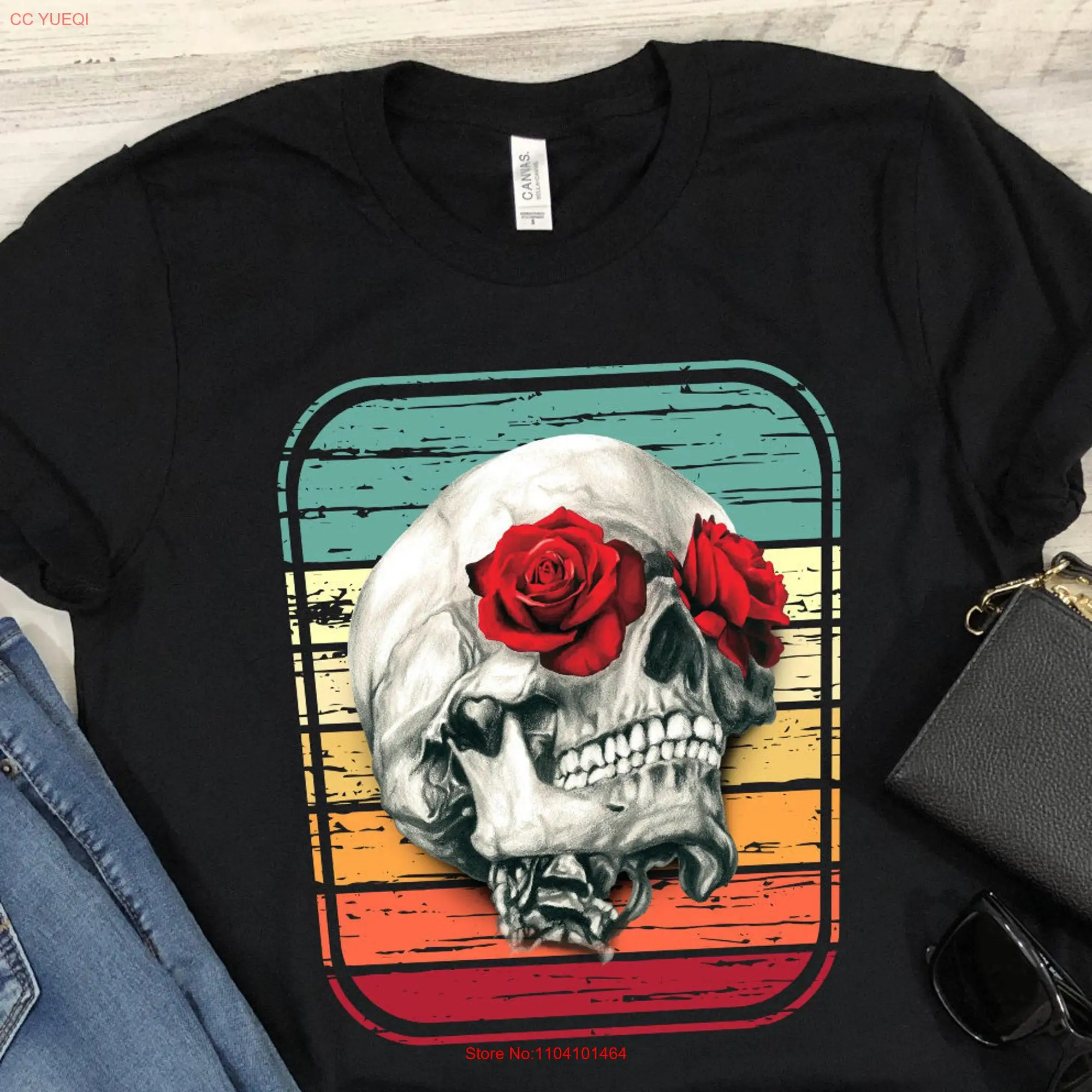 Skull T Shirt Rose Skulls And Roses Vintage Retro Distressed Rock Music Heavy Metal For  long or short sleeves