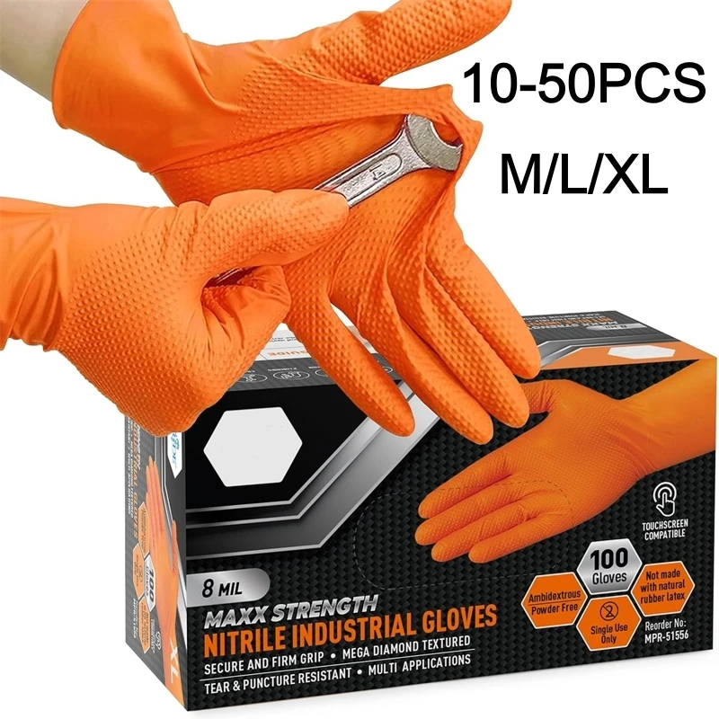 Heavy Duty Orange Nitrile Gloves Disposable 8Mil Diamond Textured Grip Industrial Gloves for Men Gardening Yard Lawn Work Safety
