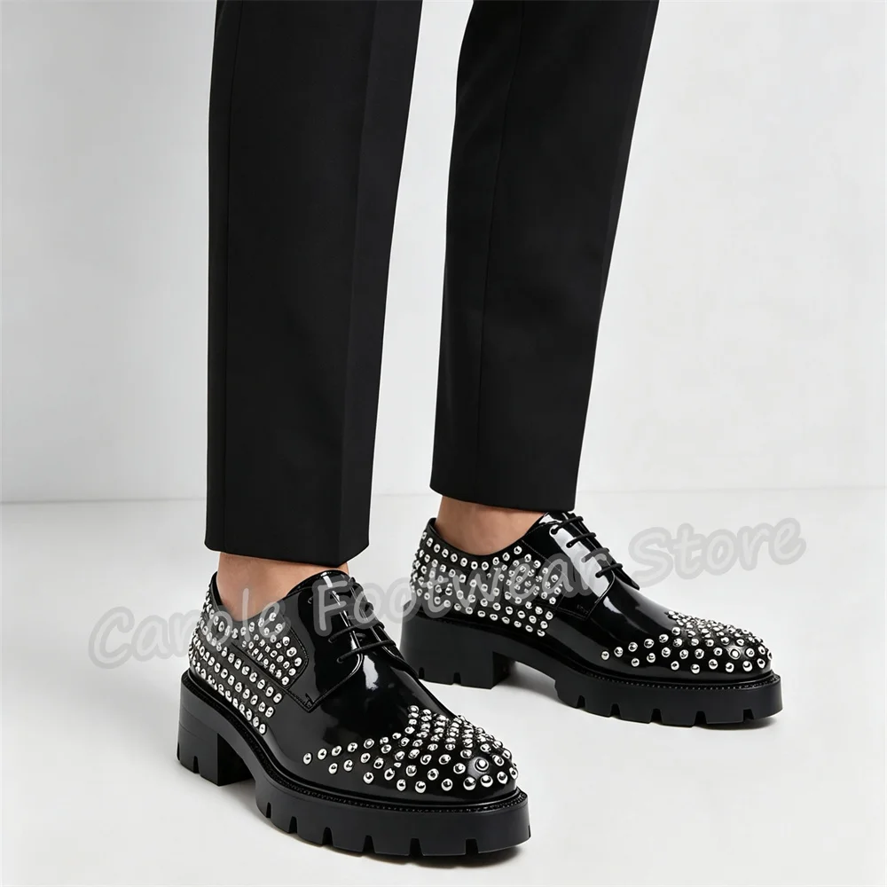 Male Black Genuine Leather Chunky Bottom Loafers Punk Rivet Lace-Up Casual Derby Shoes Male Party Business Dress Shoes