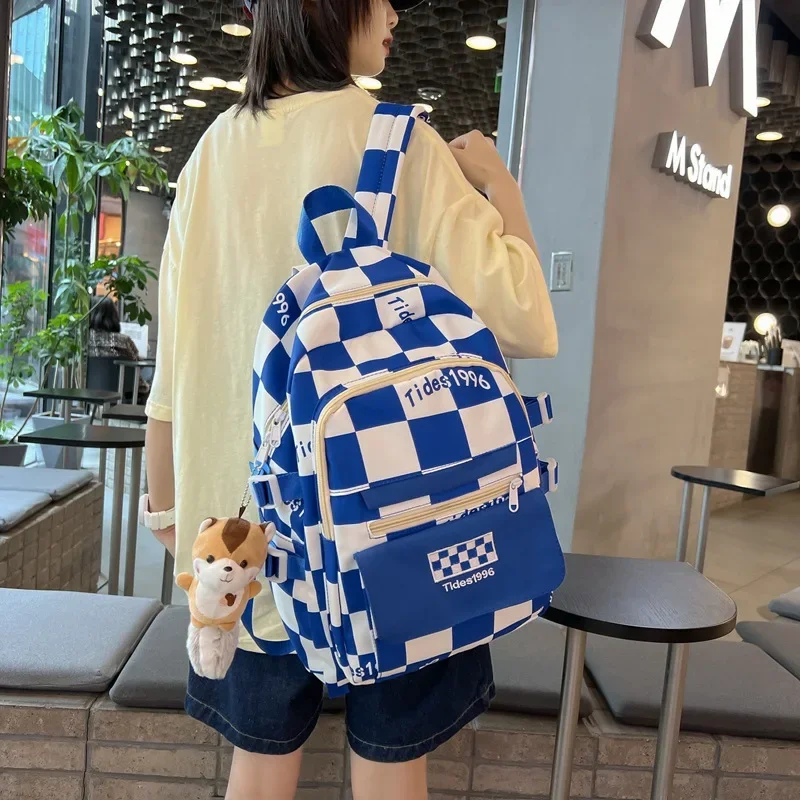 Casual Backpack for Students Checkerboard Plaid Schoolbag for Female Junior High School Large-capacity Design Multi-pocket