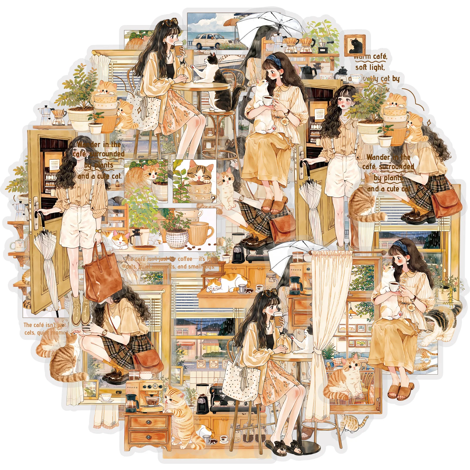 Etori Life 30Pcs Healing Series Cat and Girl Cute Scenery Illustration Stickers Suitable for Laptops, Mobile Phones, Handbags, Guitars, Skateboards, Sticker Books, Bicycles and Helmets, Scrapbooking Supplies, Room Decoration, Artistic Aesthetics, Gifts for Friends, Children's Stickers, Korean Stationery, School Supplies