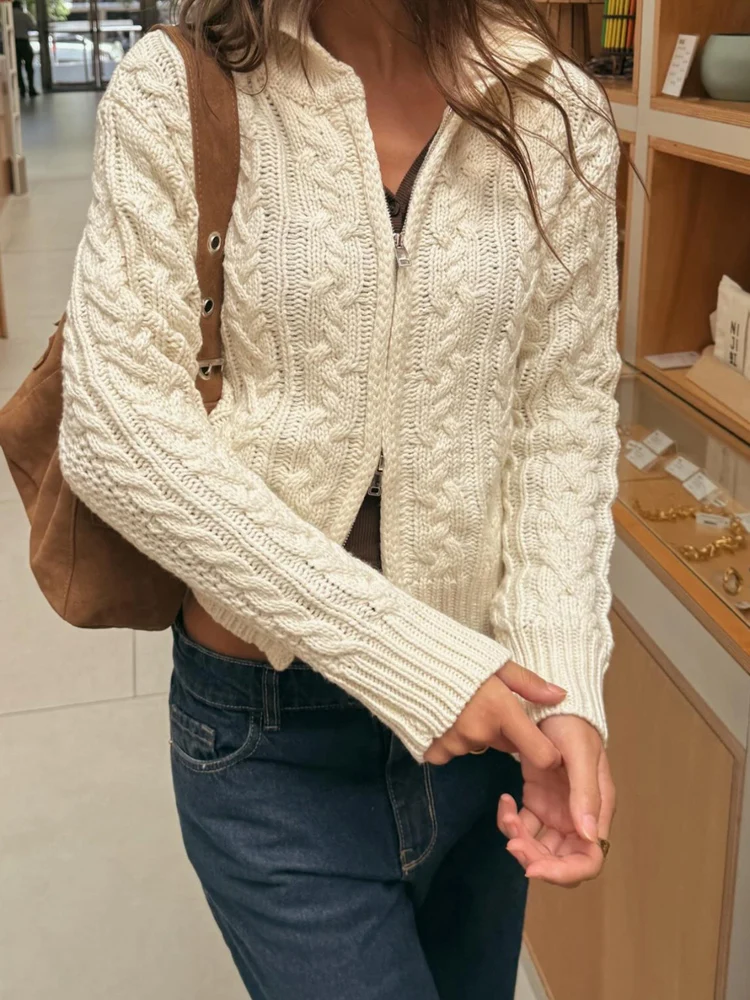 

New Autumn Winter Casual Fashion Zipper Turned-down Collar Long Sleeve Solid Women's Knitted Cardigan, Vintage Female Tops