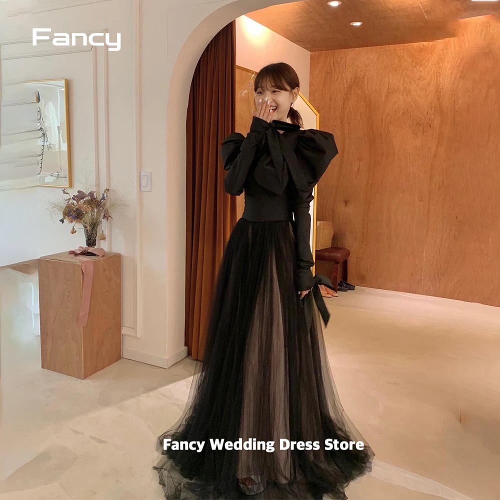 

Fancy Korea Elegant High Neck Wedding Dress Photo Shoot A Line Long Sleeve Bridal Gown Soft Tulle Evening Dresses