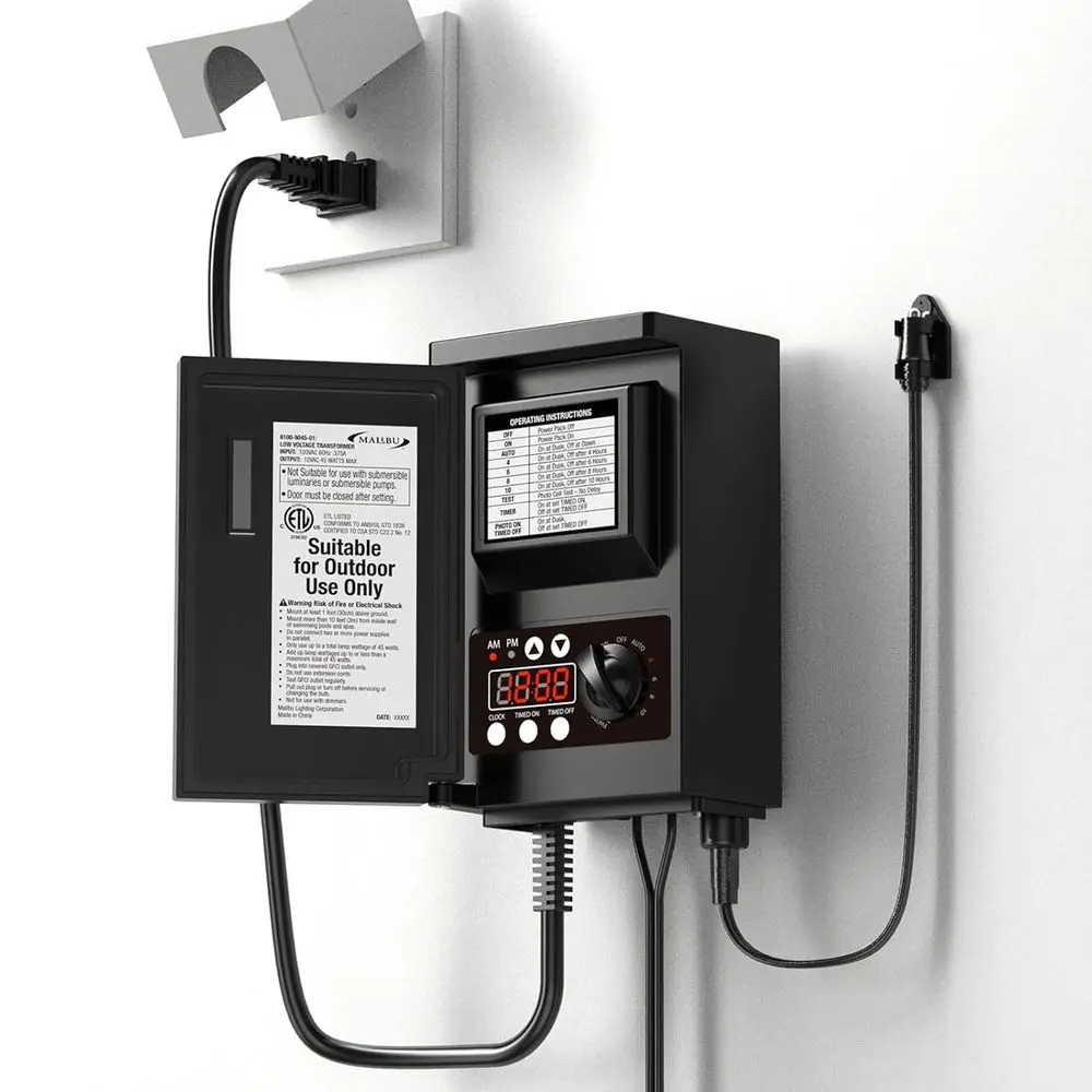 

Низковольтный трансформатор 45 Вт для уличного освещения с датчиком фотоклетки, таймером и защитой от атмосферных воздействий, или прожектор для садового освещения