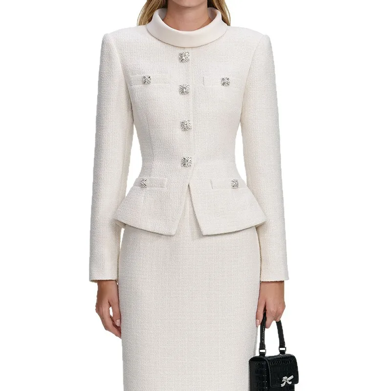 Women Tweed 2 Piece Suit Stand Collar Rhinestone Jacket Slim Waist Midi Skirt Elegant Formal Outfit