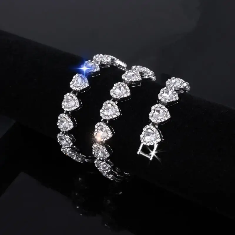 45CM New Hip Hop Tennis Chain Bracelet Necklace Shiny Heart Rhinestone CZ Fashion Rock Party Jewelry