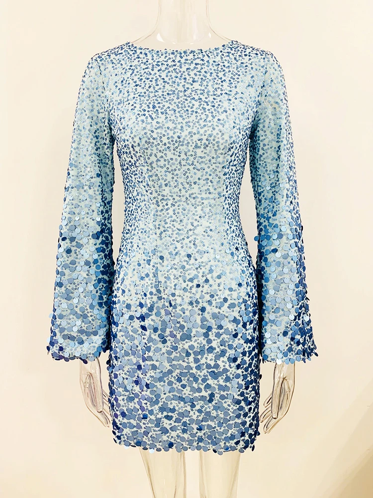 

HIGH QUALITY Newest 2024 Designer Fashion Women's Slim Fitting Flare Sleeve Shimmer Sequined Beading Chiffon Dress