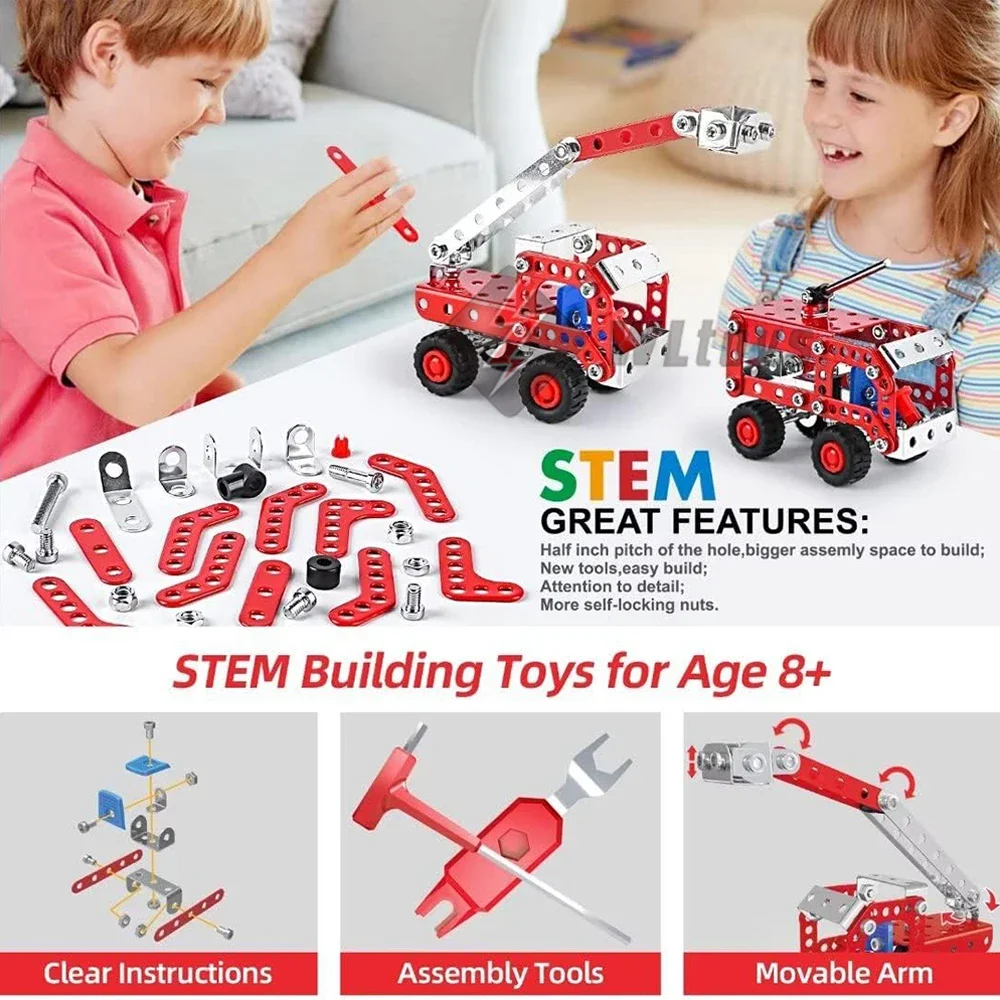 8 세 이상 소년을위한 줄기 빌딩 장난감, 에렉터 세트 소방차 시리즈 모델 키트, 어린이를위한 조립 장난감, 금속 빌딩 교육