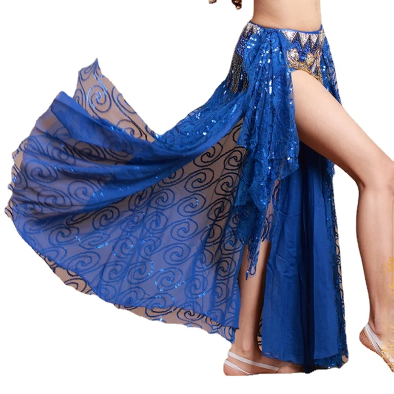 Women Belly Dance Clothes Dancing Full Circle Maxi Skirt Side Split Long Skirt Girls Belly Dance Skirts Sequins (without belt)