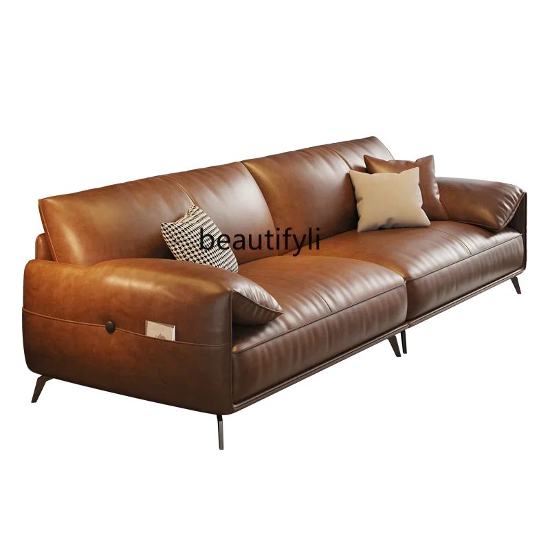 Italian light luxury leather sofa living room simple first layer cowhide straight row oil wax leather sofa