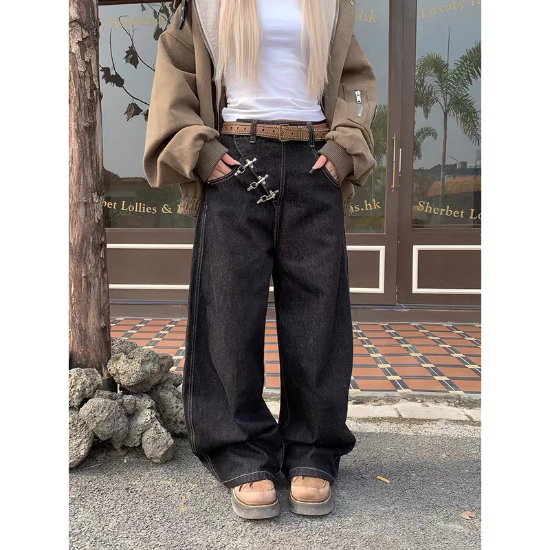 

YIBASHU Women Black Y2k Baggy Cargo Jeans Japandi Style Vintage Oversize Jean Pants Harajuku Denim Trousers Alternative Clothes