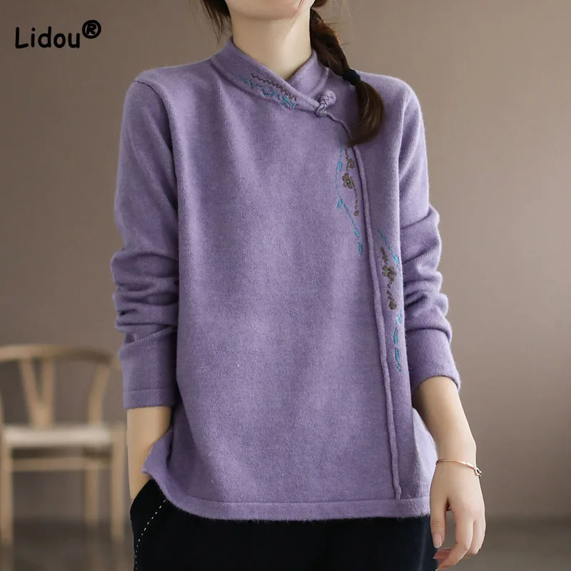 

All-match Vintage Embroidery Spliced Solid Color Tops Women's Clothing Autumn Winter Fashion Elegant Long Sleeve T-shirt Female