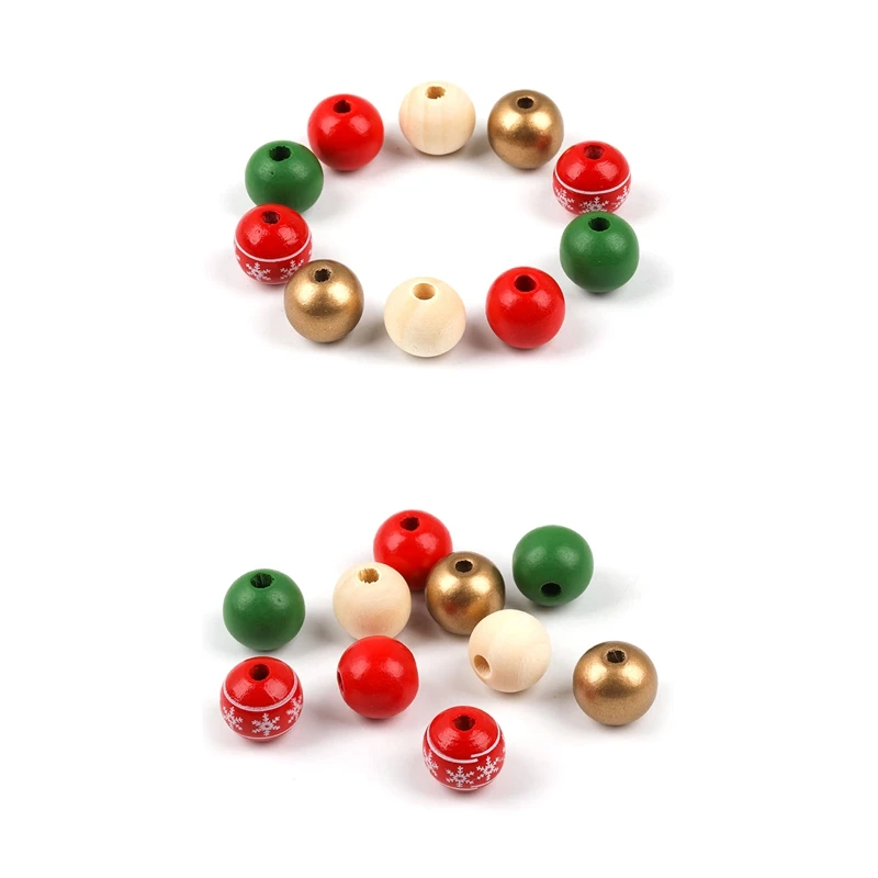 200Pcs 16Mm Christmas Wooden Beads Colorful Wooden Beads Set With 10M Long String For Craft DIY Christmas Decoration