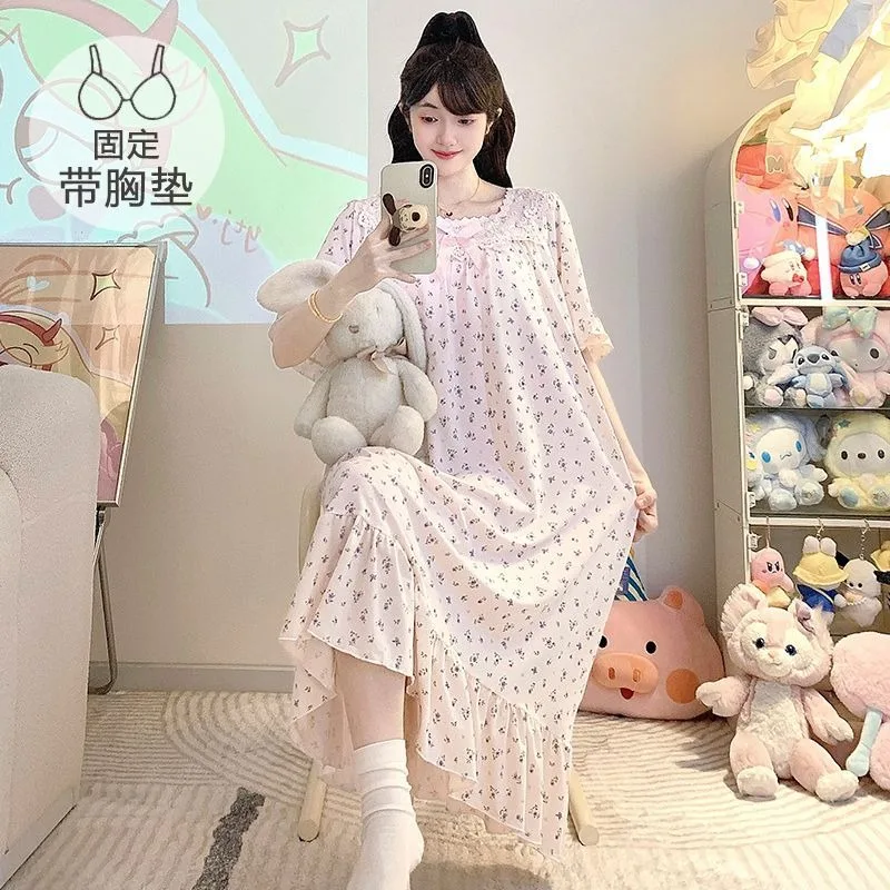 M-5XL Princess Style Sleepwear Women's Short Sleeve Nightgown with Chest Pad Plus Size Floral Summer Thin Loose Home Clothes