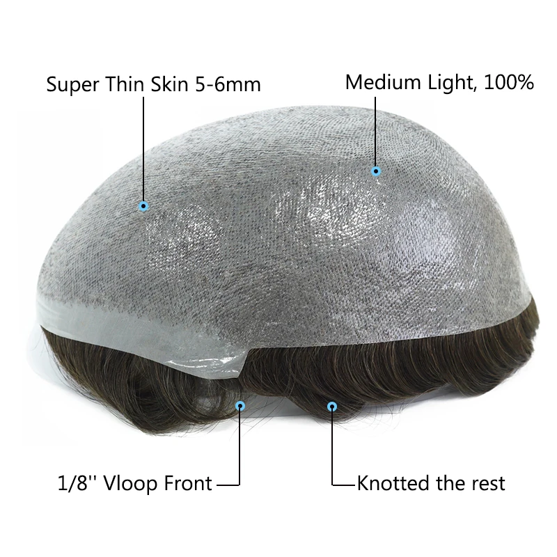 

Vloop Front PU Man Toupee Thin Skin 0.05-0.06mm With Knots Men Capillary Prosthesis Real Indian Human Hair Wig Natural Hairline