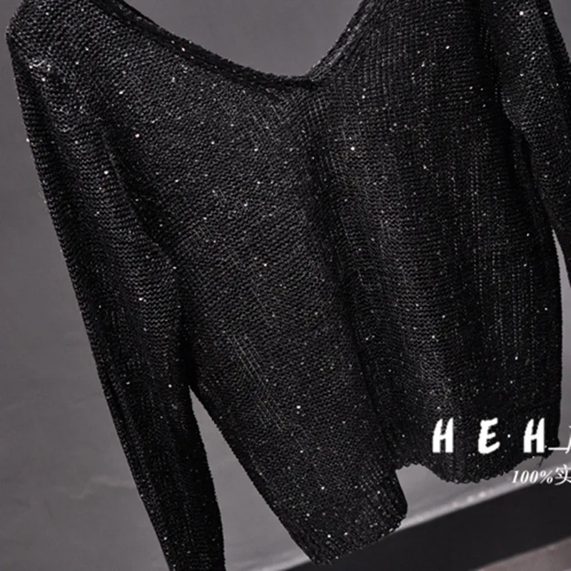 Sequined Double V-Neck Slim Fit Slim Knit Sweater Sparkling Sexy Hollow Bottom Long Sleeve Off-the-Shoulder Top