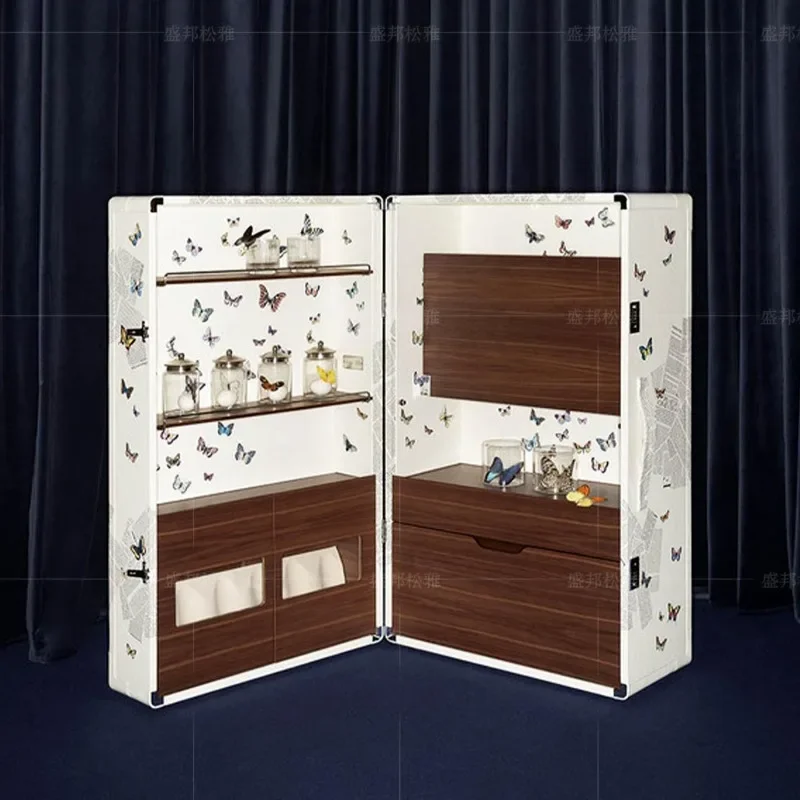 Leather side cabinet, villa light luxury high-end solid wood, movable wine cabinet