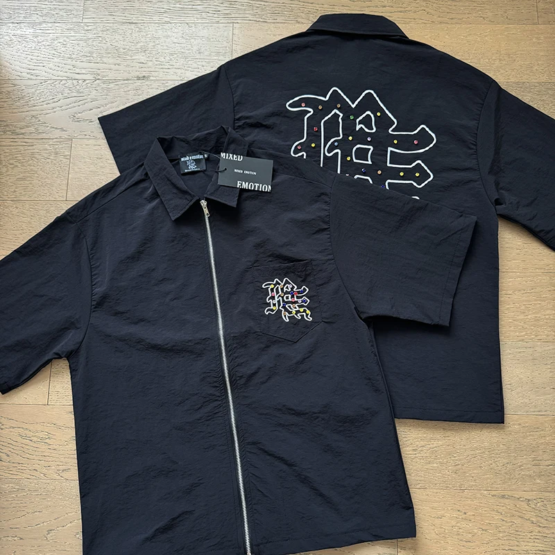

Street-embroidered Diamond MIXED EMOTION Short-sleeved Zipper Shirt Summer Men's Women's Black Woven Fabric Tops Clothing