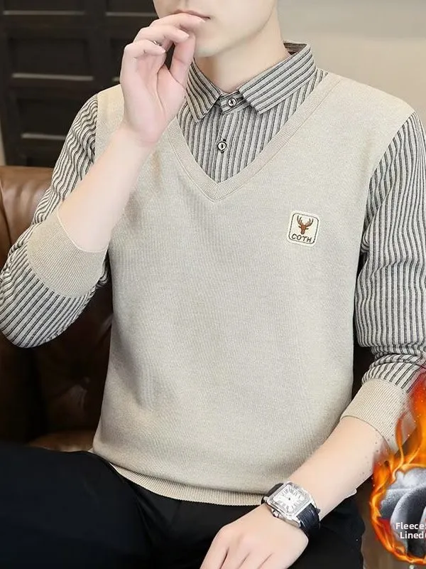 

Мужской вязаный свитер Fce Lined Thi Long Sve с воротником irt, повседневный теплый базовый слой, искусственный двухсекционный осенне-зимний модный...