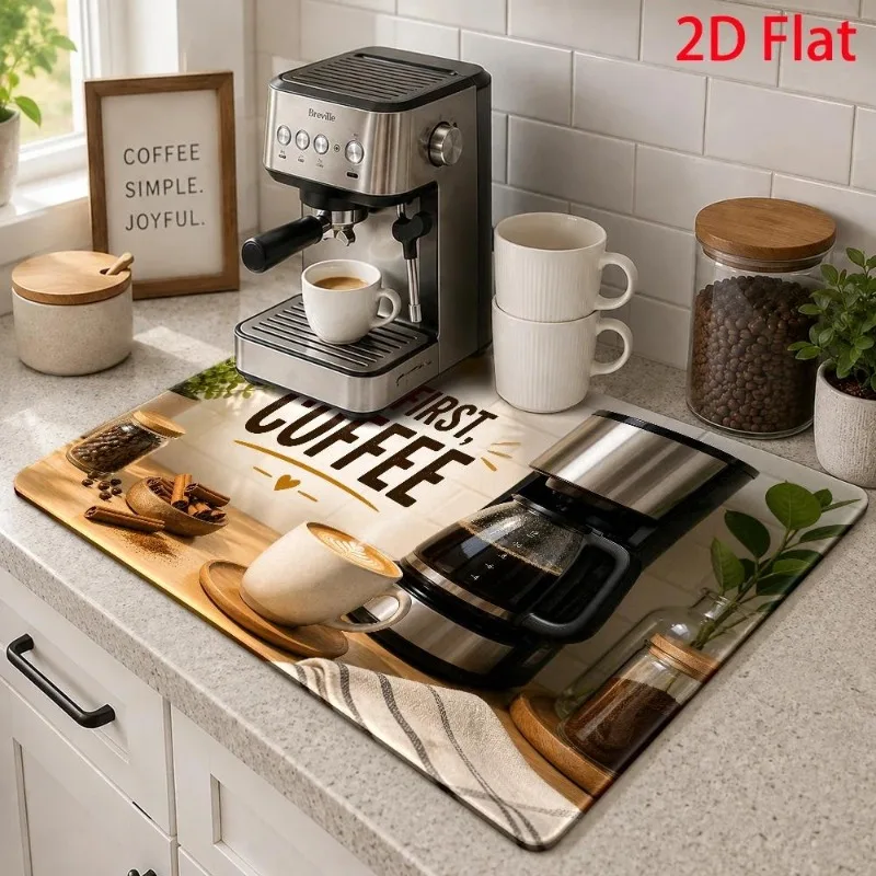 Drying Mat Dish First Coffee Typography American Drip Pot Houseplant Decor Table Protector Board